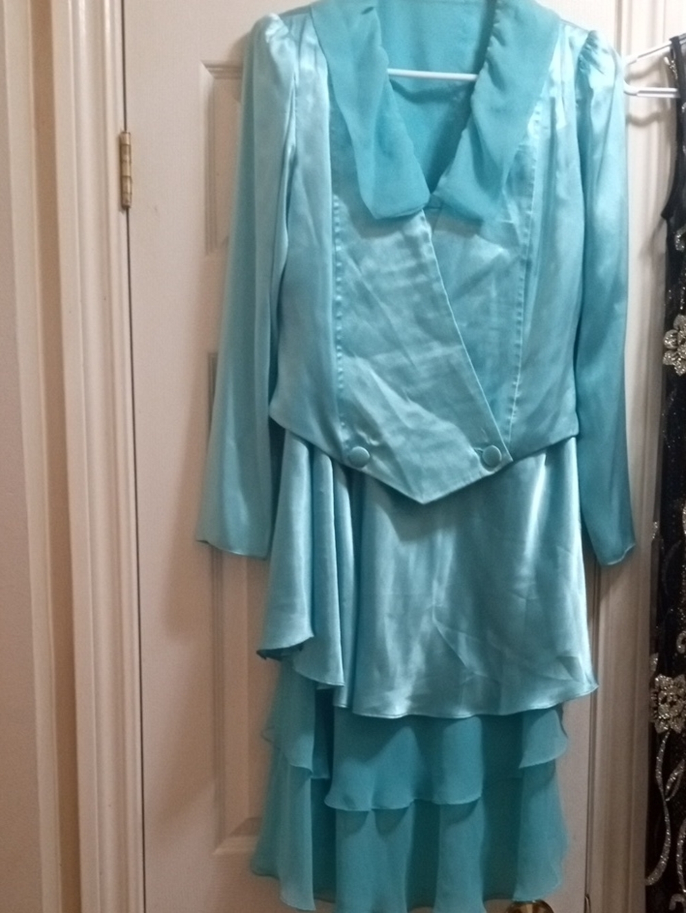 Vintage Bust 34 Waist 26 Aqua Blue Satin Layered Jacket with Long Skirt SET